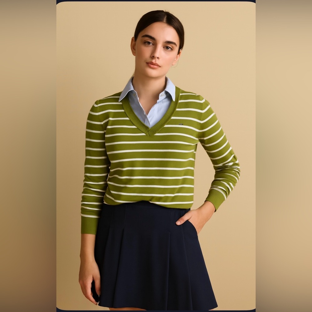 Tommy Hilfiger Classic Women's M Long Sleeve V Neck Cotton Green Stripe Sweater